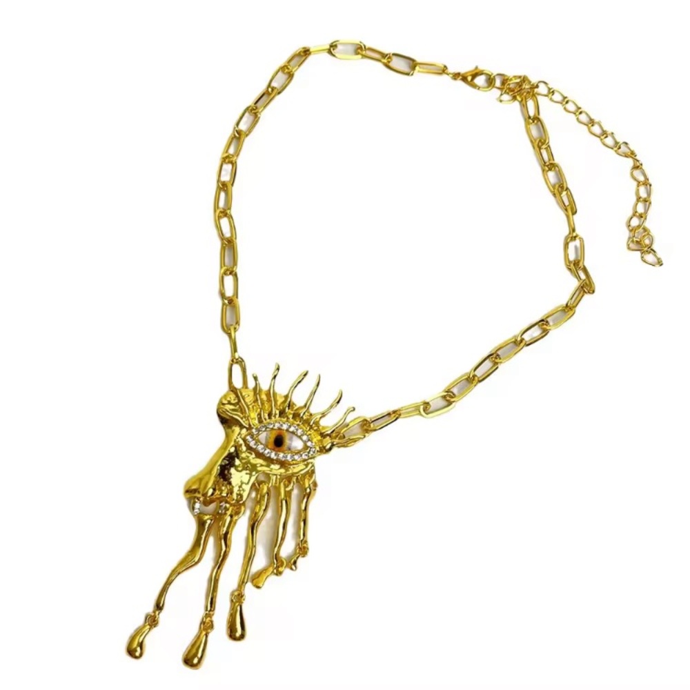 Schiaparelli Inspired Gold Tone Eye Statement Pendant Necklace Abstract Art